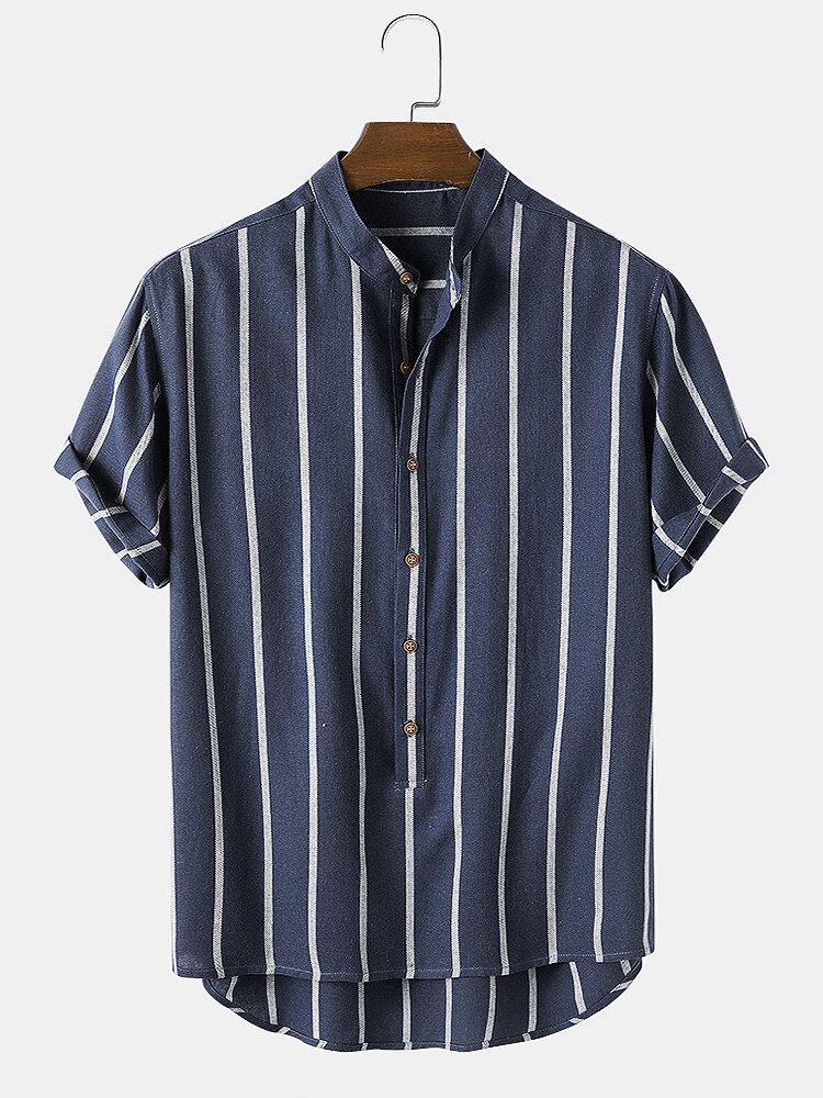 Vintage Randiga Lösa Bekväma Casual Henley-skjortor För Män