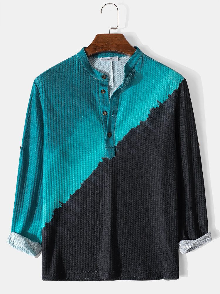 Waffle Contrast Herr Ombre Casual Långärmade Henley-skjortor Med Ärmflikar