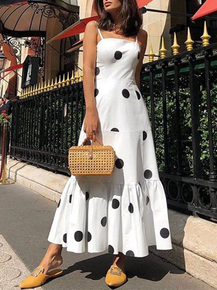 Bohemian Polka Dot Print Ärmlösa Remmar Veckning Holiday Casual Maxiklänning