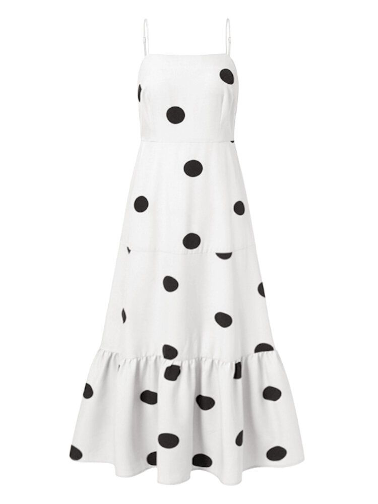 Bohemian Polka Dot Print Ärmlösa Remmar Veckning Holiday Casual Maxiklänning