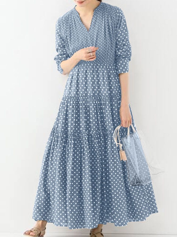 Bohemian Vintage Polka Dot Print V-ringad Långärmad Holiday Casual Maxiklänning