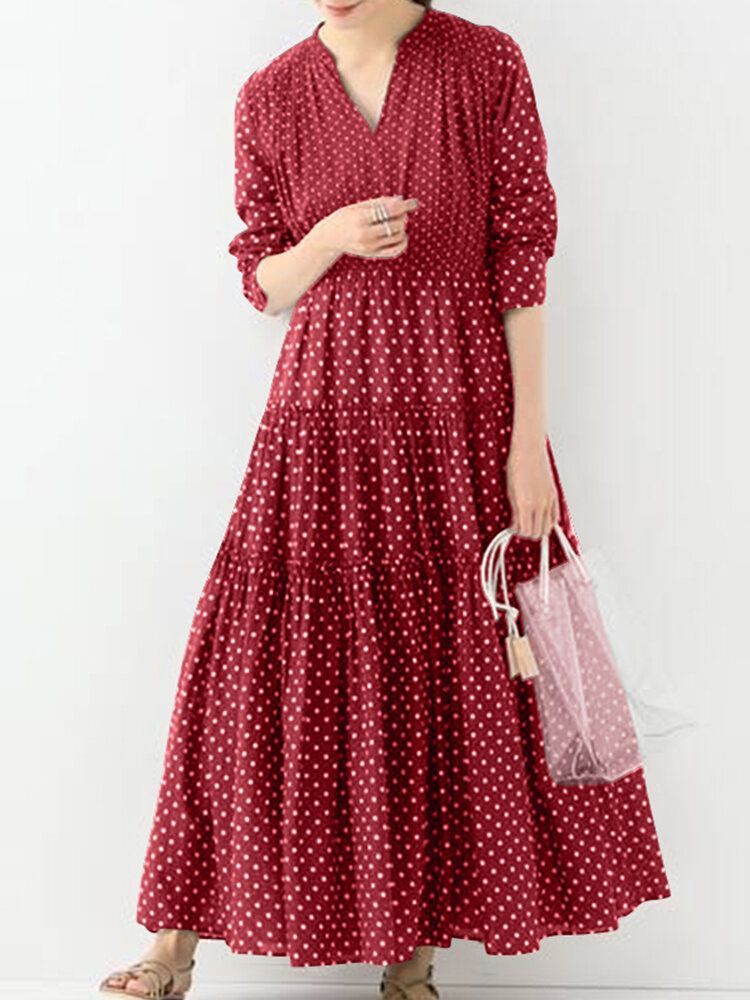 Bohemian Vintage Polka Dot Print V-ringad Långärmad Holiday Casual Maxiklänning