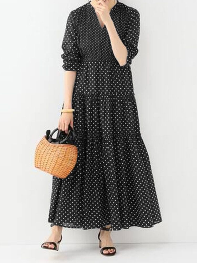 Bohemian Vintage Polka Dot Print V-ringad Långärmad Holiday Casual Maxiklänning