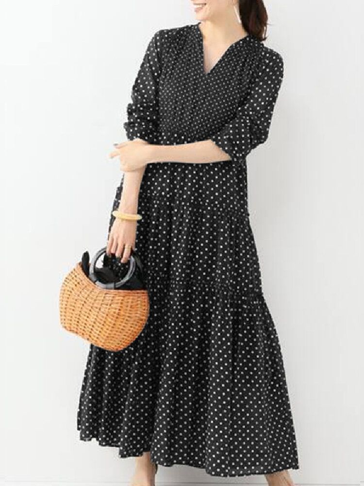 Bohemian Vintage Polka Dot Print V-ringad Långärmad Holiday Casual Maxiklänning