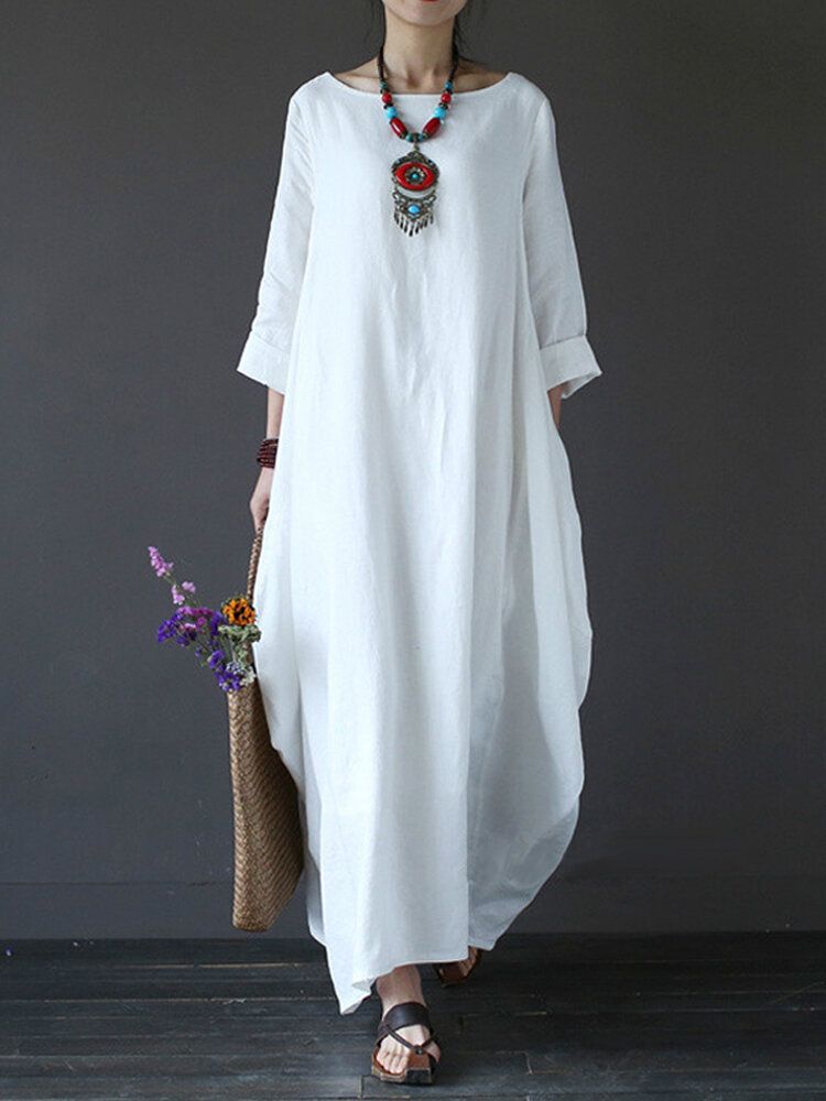 Dam 100% Bomull Solid Baggy Pockets Summer Maxi Dress