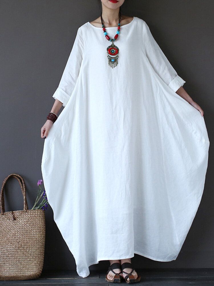 Dam 100% Bomull Solid Baggy Pockets Summer Maxi Dress