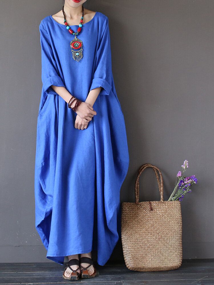 Dam 100% Bomull Solid Baggy Pockets Summer Maxi Dress