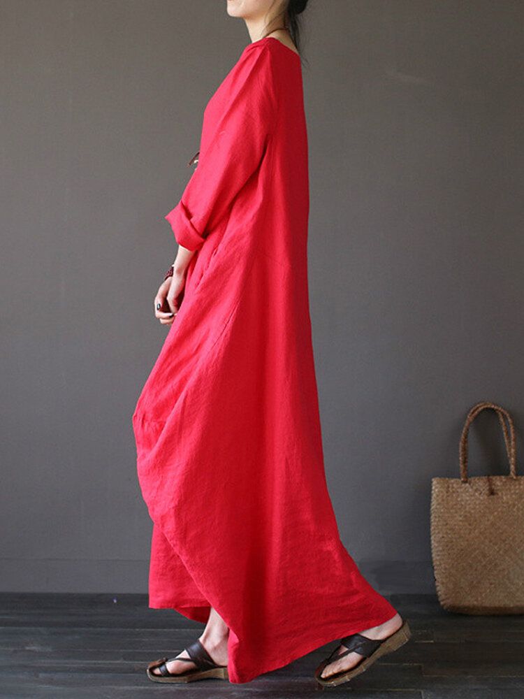 Dam 100% Bomull Solid Baggy Pockets Summer Maxi Dress