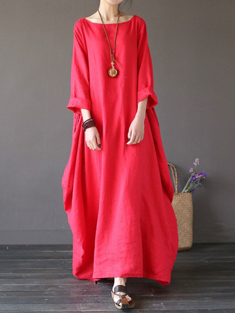 Dam 100% Bomull Solid Baggy Pockets Summer Maxi Dress