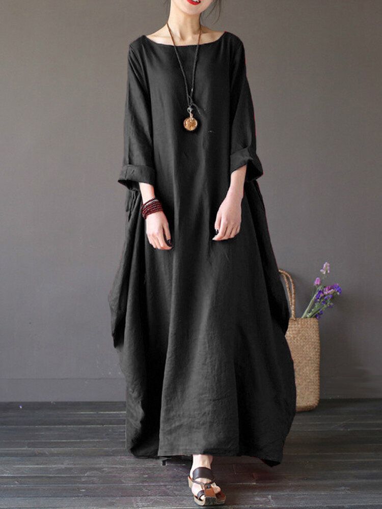 Dam 100% Bomull Solid Baggy Pockets Summer Maxi Dress