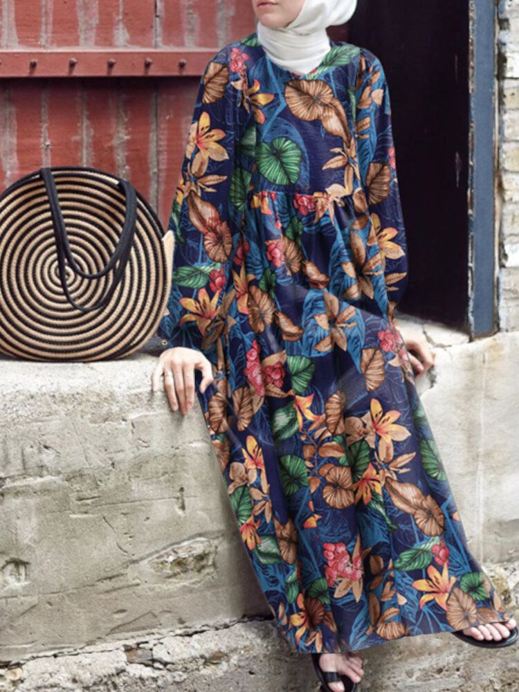 Dam Abaya Kaftan Puffärm Blommig Bohemian Ankel Lång Klänning