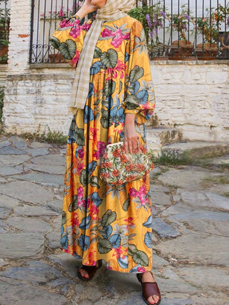 Dam Abaya Kaftan Puffärm Blommig Bohemian Ankel Lång Klänning