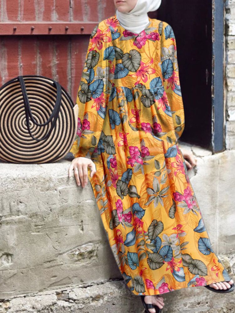 Dam Abaya Kaftan Puffärm Blommig Bohemian Ankel Lång Klänning