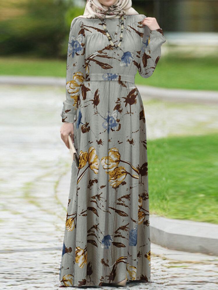 Dam Abaya Kaftan Puffärm Tiered Retro Leisure Blommig Ankellång Klänning