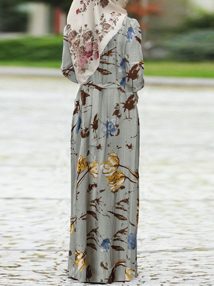 Dam Abaya Kaftan Puffärm Tiered Retro Leisure Blommig Ankellång Klänning