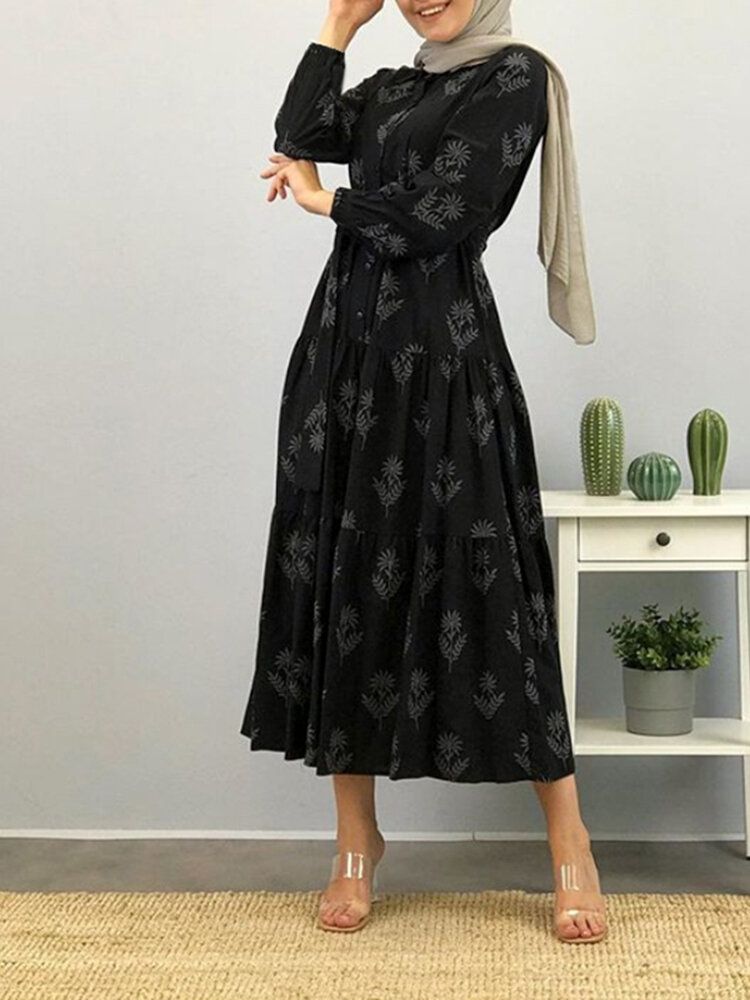 Dam Blommönster Lapel Puff Sleeve Kaftan Maxiklänning Med Bälte