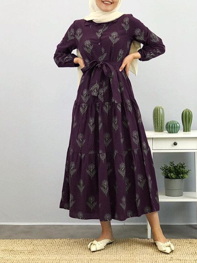 Dam Blommönster Lapel Puff Sleeve Kaftan Maxiklänning Med Bälte