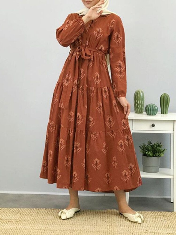 Dam Blommönster Lapel Puff Sleeve Kaftan Maxiklänning Med Bälte