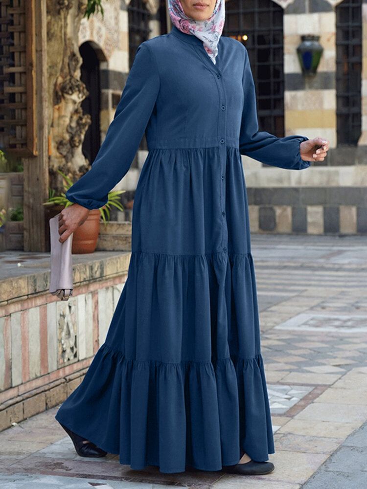 Dam Enfärgad O-ringad Veck Skarvad Kaftan Robe Layered Dress