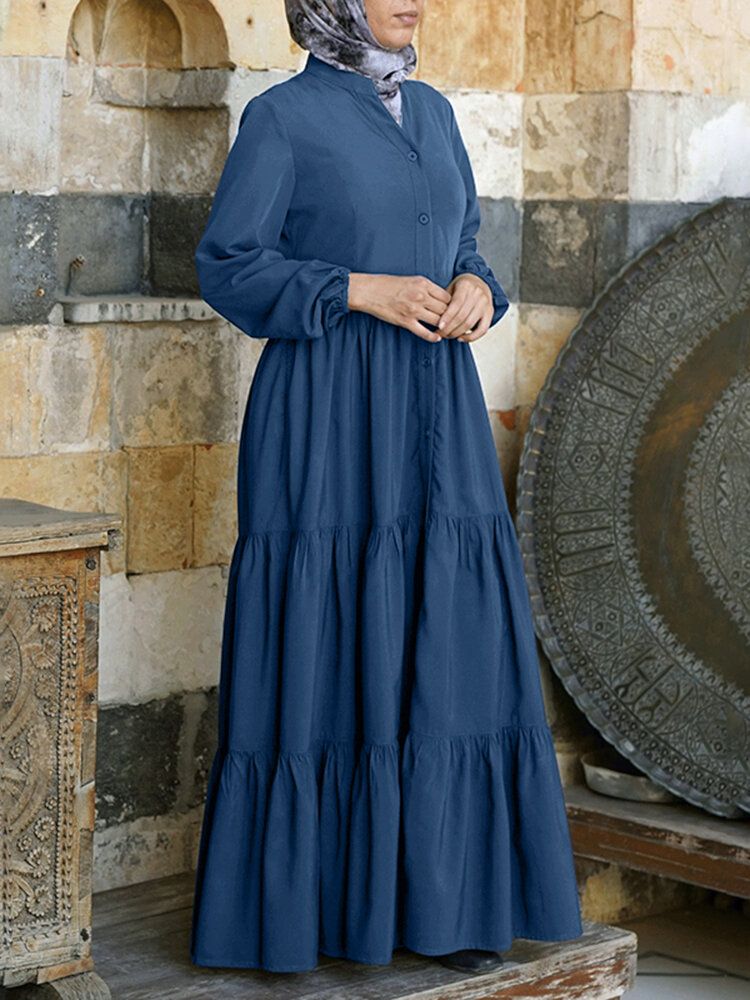 Dam Enfärgad O-ringad Veck Skarvad Kaftan Robe Layered Dress