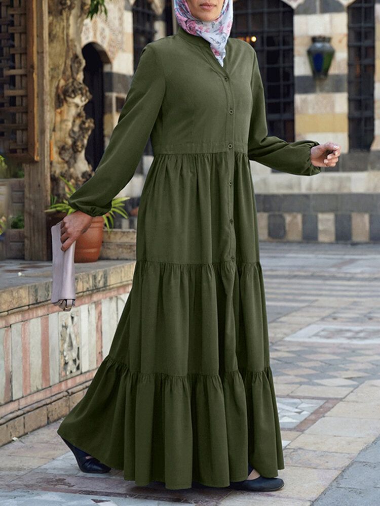 Dam Enfärgad O-ringad Veck Skarvad Kaftan Robe Layered Dress