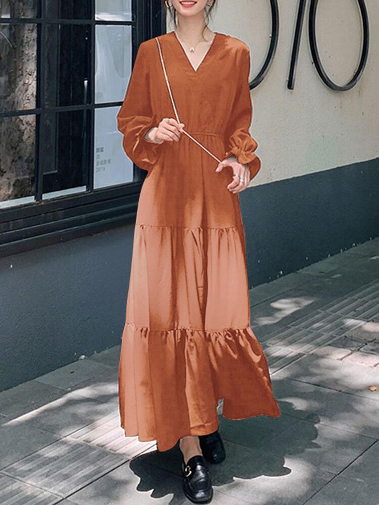 Dam Enfärgad Puffärm V-ringad Big Swing Casual Maxi Layered Klänning