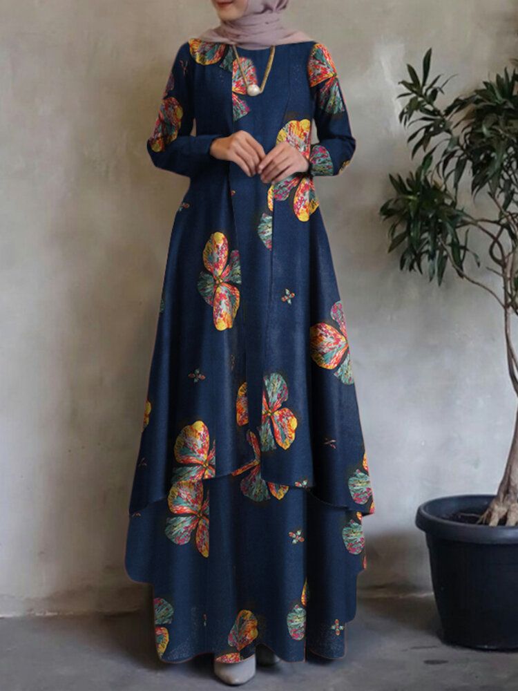 Dam Kaftan Tunika 100% Bomull Dubbellager Design Fritid Blommig Maxiklänning