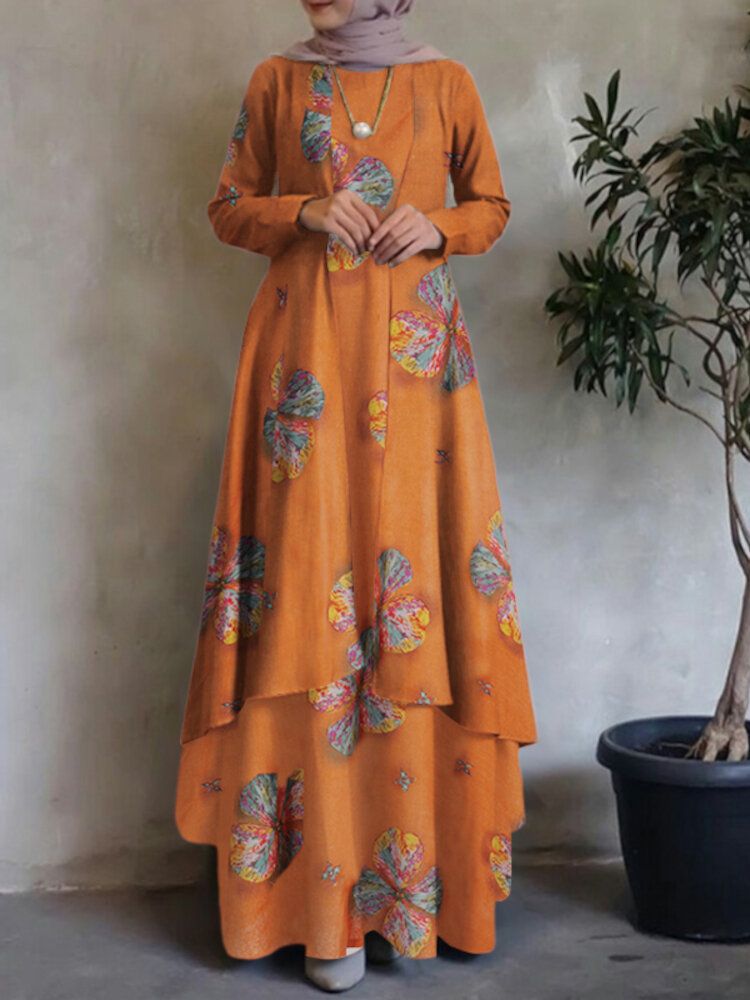 Dam Kaftan Tunika 100% Bomull Dubbellager Design Fritid Blommig Maxiklänning