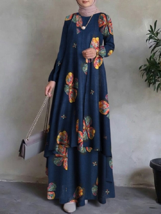 Dam Kaftan Tunika 100% Bomull Dubbellager Design Fritid Blommig Maxiklänning