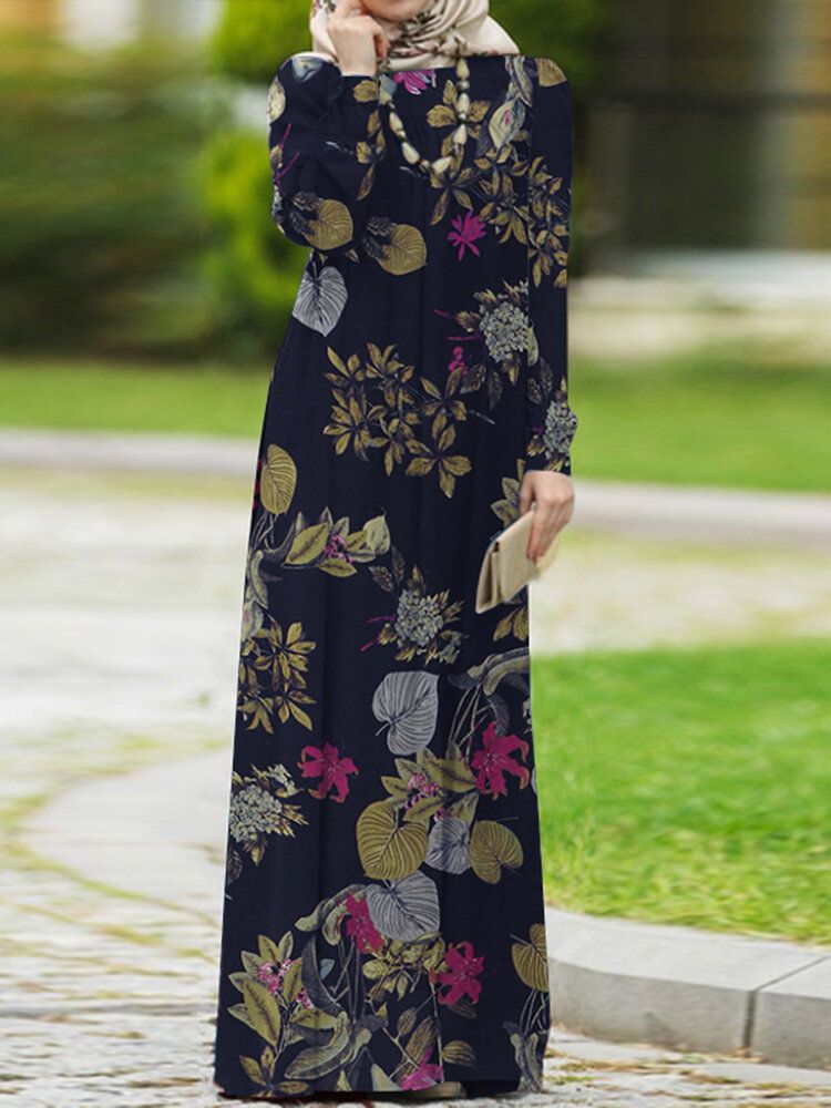 Kvinnor 100% Bomull Puffärm Abaya Kaftan Tiered Fritid Blommig Retro Klänning