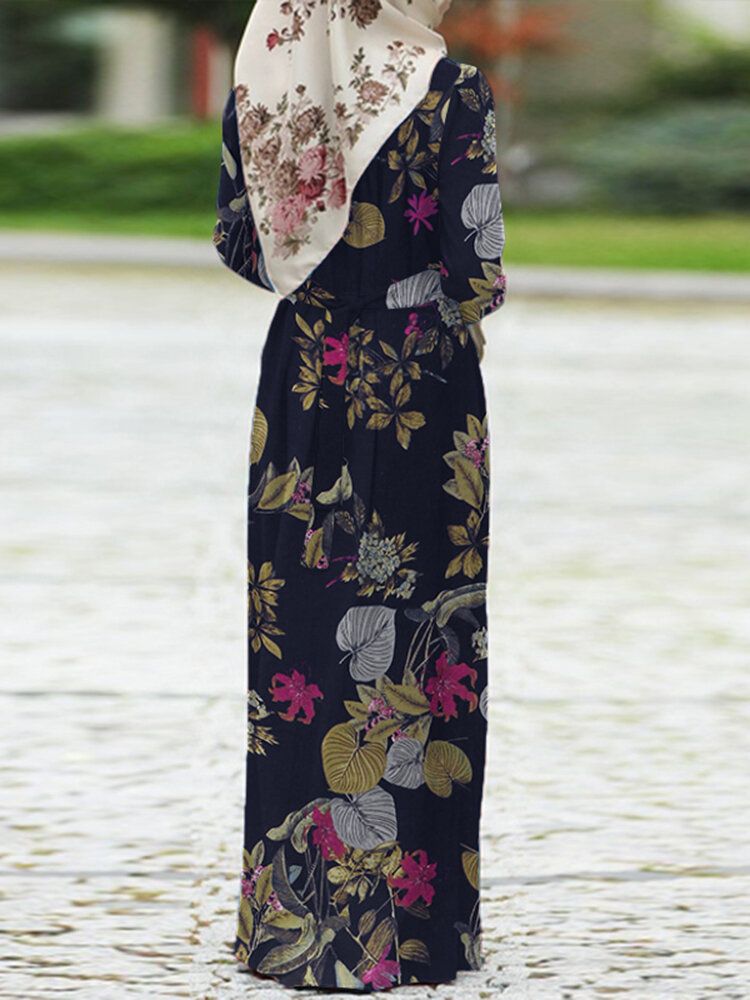 Kvinnor 100% Bomull Puffärm Abaya Kaftan Tiered Fritid Blommig Retro Klänning