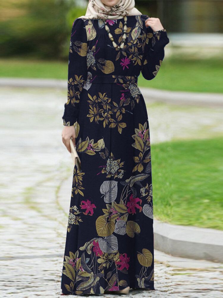 Kvinnor 100% Bomull Puffärm Abaya Kaftan Tiered Fritid Blommig Retro Klänning