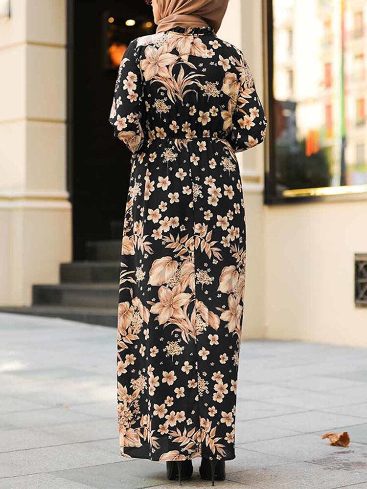 Kvinnor Blommor Tryck Volanger Muddar Snörning Stativ Krage Casual Maxi Muslim Klänning Abaya Kaftan