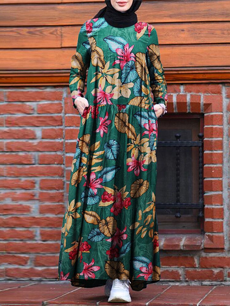 Kvinnor Casual Robe Kaftan Blommig Lös Långärmad Outing Klänning Med Sidfickor