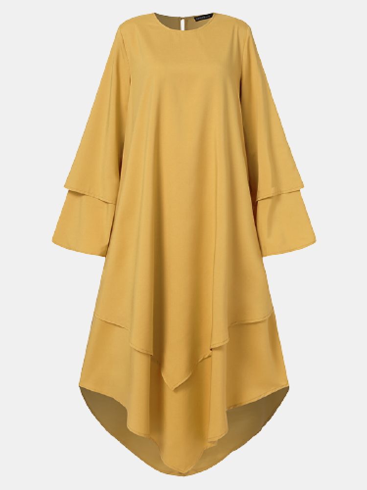 Kvinnor Pure Color Layered Oregelbunden Fåll Kaftan Casual Långärmade Maxiklänningar