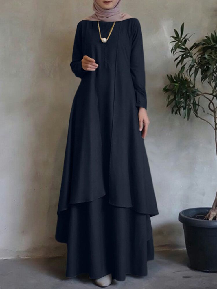 O-ringad Solid Abaya Kaftan Dubbellagers Design Bohemian Klänning För Dam