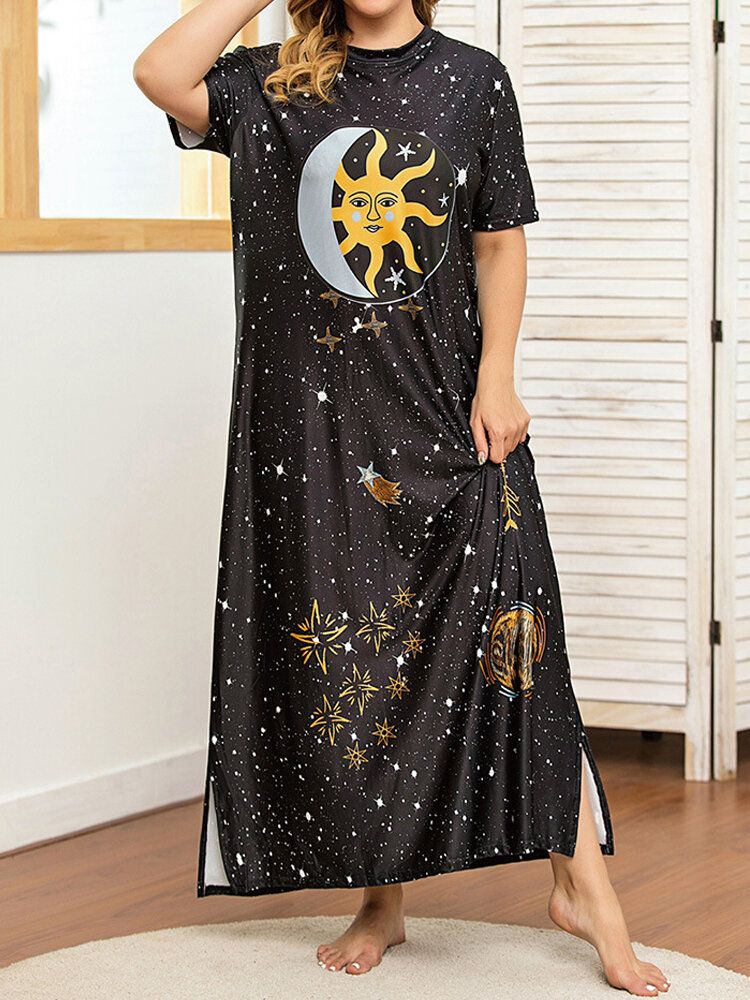 Plus Size Galaxy Print Kortärmad Rundhalsad Slit Lång Klänning