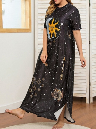 Plus Size Galaxy Print Kortärmad Rundhalsad Slit Lång Klänning