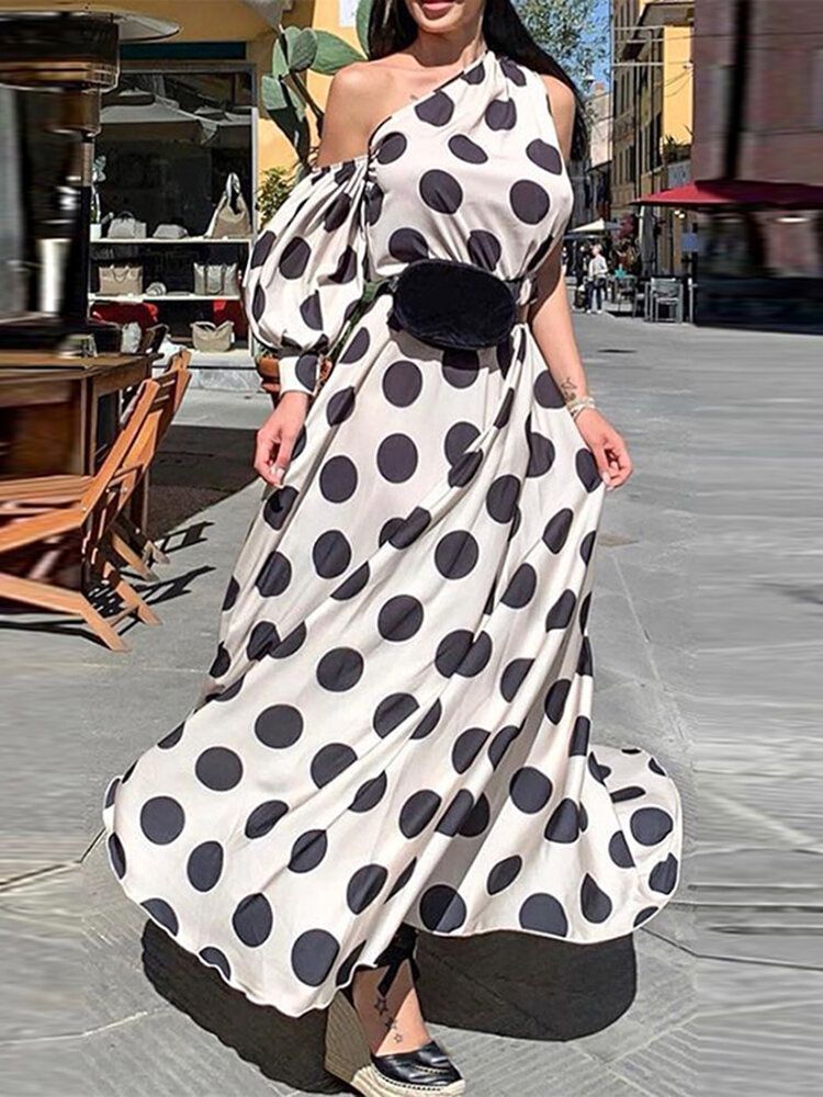 Polka Dot Strapless Fritid Casual Långärmad Klänning För Dam