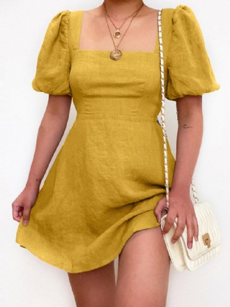 Casual Plain Square Neck Puff Sleeve A-line Mini Dress