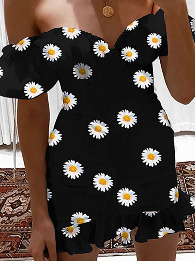 Chic Daisy Print Off Shoulder Kortärmad Casual Miniklänning