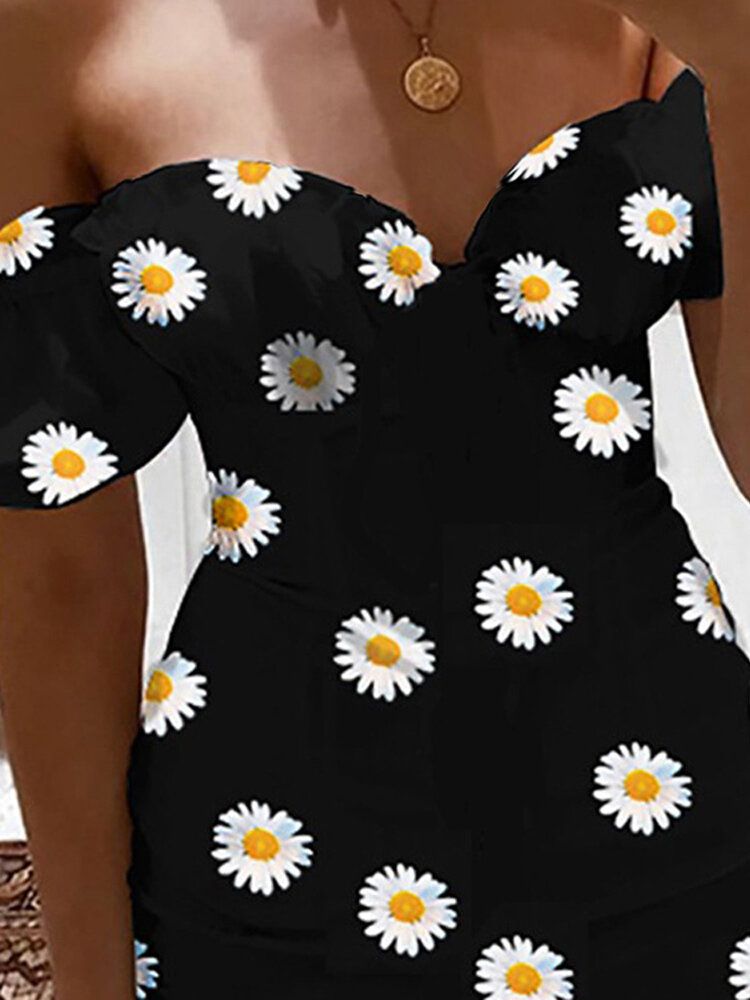 Chic Daisy Print Off Shoulder Kortärmad Casual Miniklänning