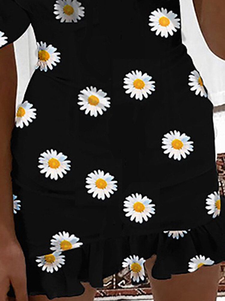 Chic Daisy Print Off Shoulder Kortärmad Casual Miniklänning