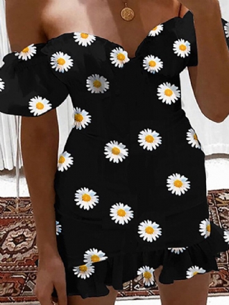 Chic Daisy Print Off Shoulder Kortärmad Casual Miniklänning