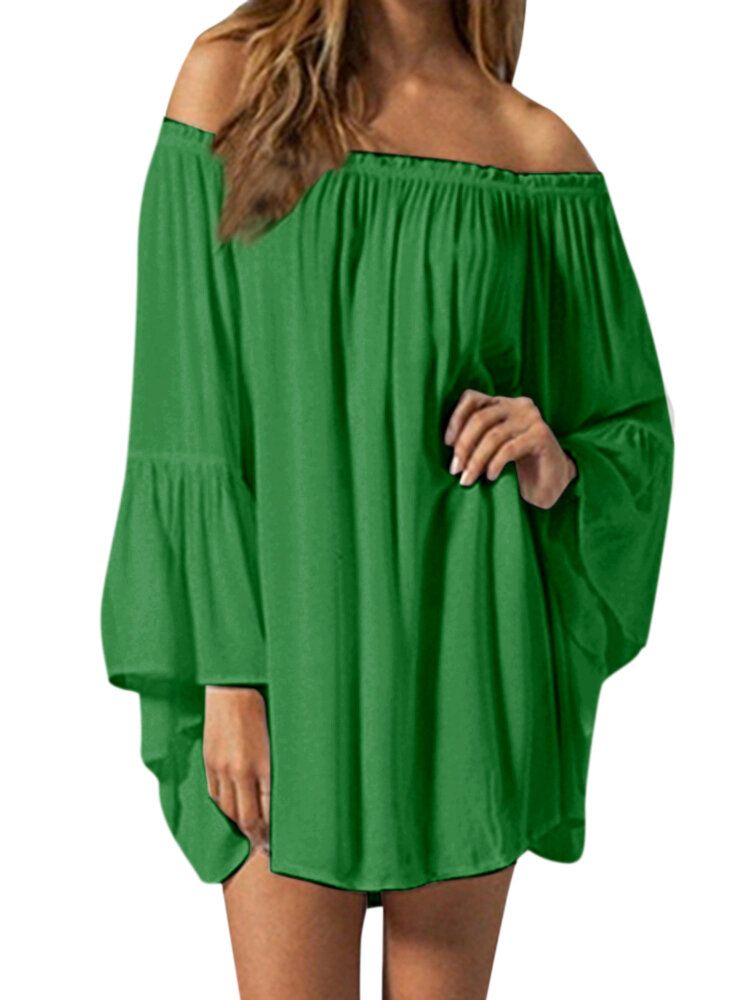 Off Shoulder Solid Plisserad Sommarklänning För Kvinnor