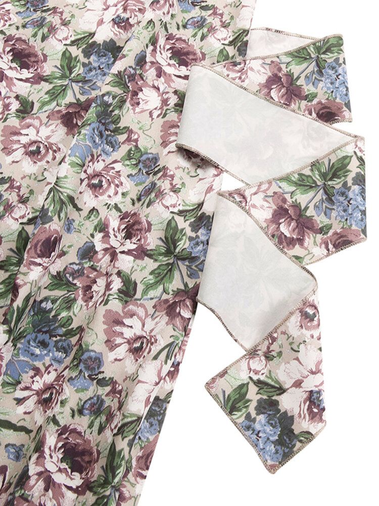 Vintage Flower Print Wrap Body Tie V-ringad Kort Miniklänning