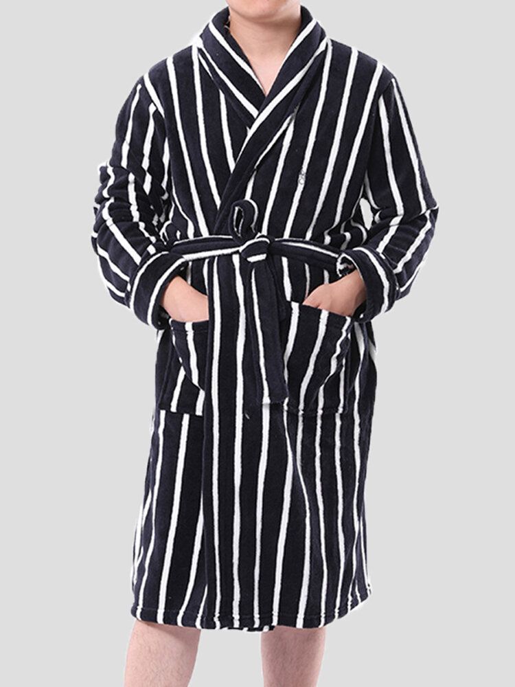 Basic Randigt Tryck För Män Flanell Vinter Tjocka Medellånga Home Lounge Robes