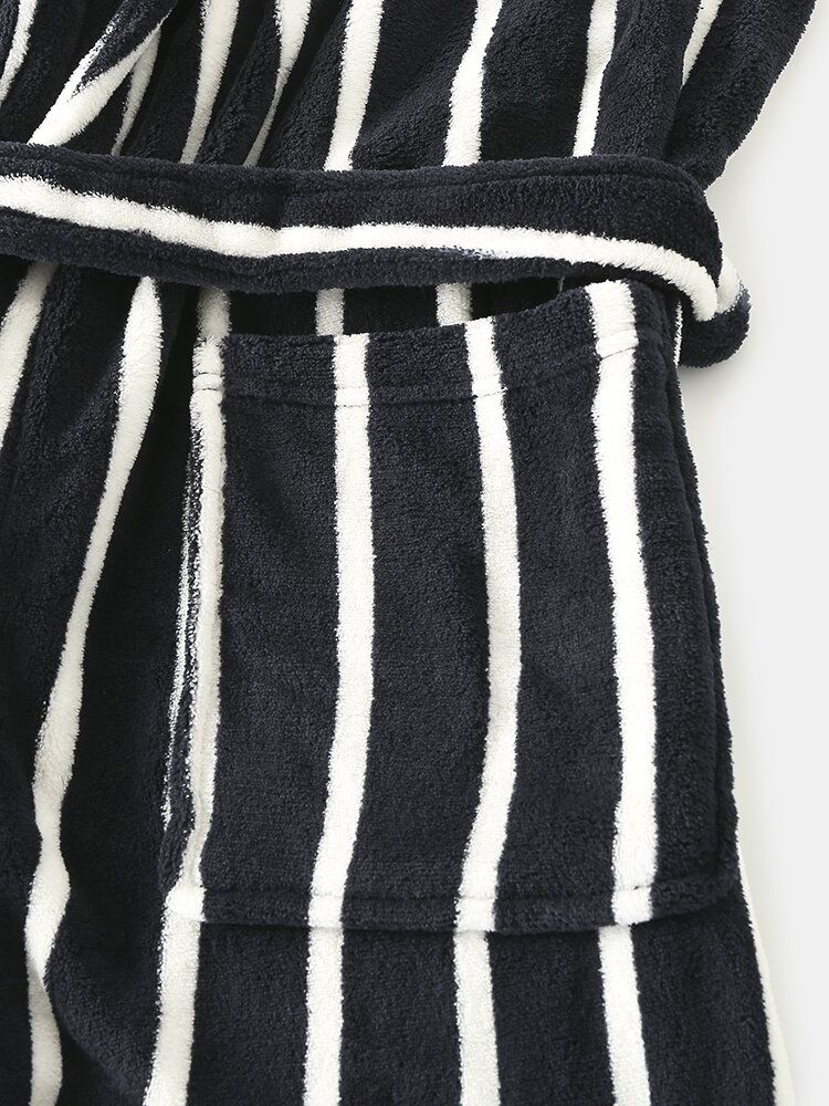 Basic Randigt Tryck För Män Flanell Vinter Tjocka Medellånga Home Lounge Robes