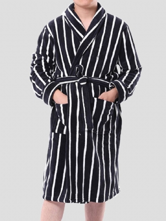 Basic Randigt Tryck För Män Flanell Vinter Tjocka Medellånga Home Lounge Robes