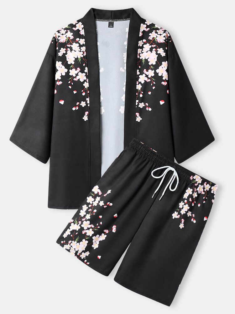 Blommigt Tryck För Män Med Öppen Front Kimono Lösa Tvådelade Outfits